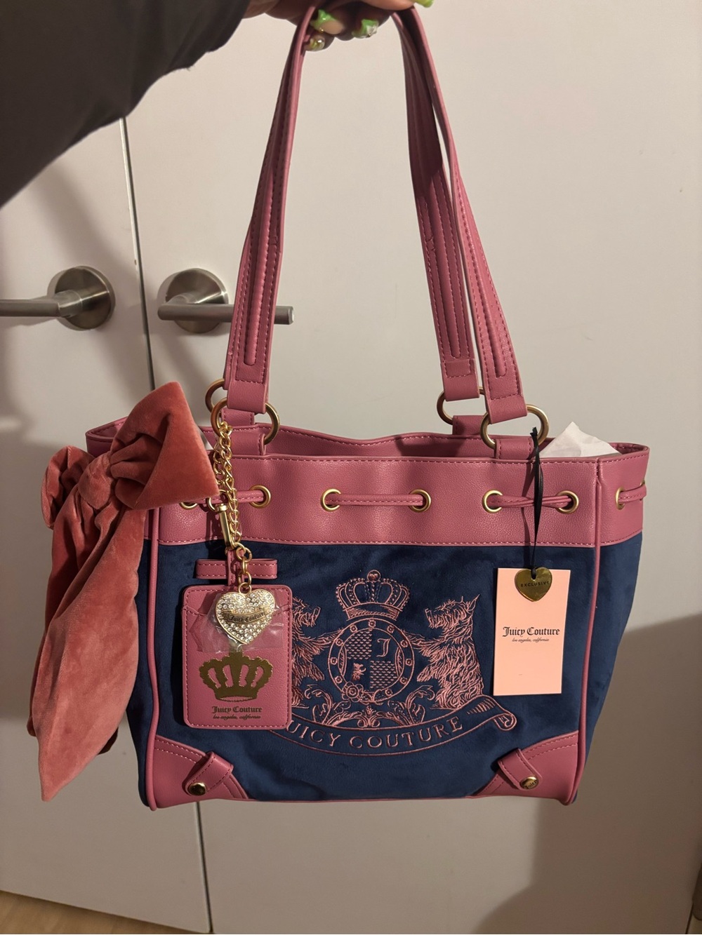 Juicy Couture Scottie dogs Pink & Navy Tote Bag color is regal blue/chateau